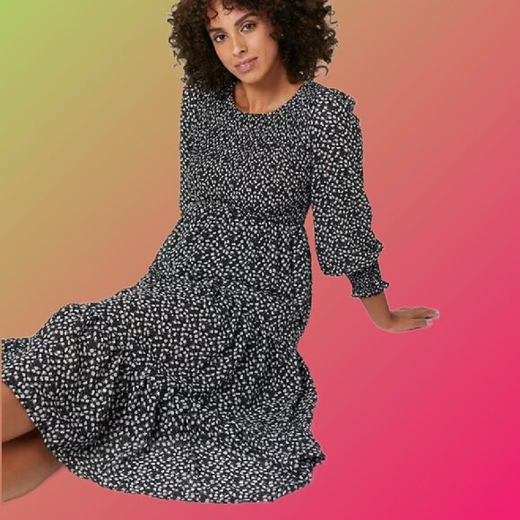 SHEIN Black and White Stretchy Smoked Bodice Boho Tiered Midi Dress Size 4 - Picture 2 of 6